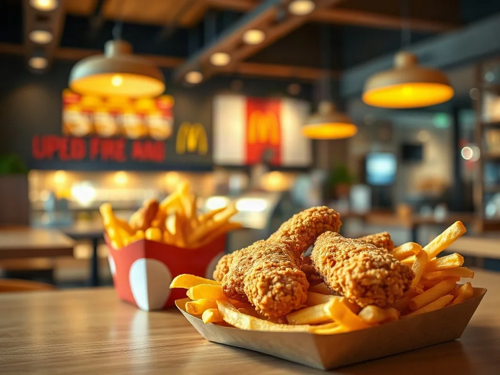 Złociste kawałki kurczaka i frytki z zestawu Chicken Box podane na drewnianym stole w restauracji McDonald's.