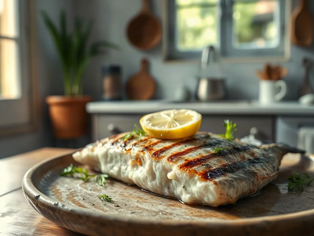 Pieczony filet z morszczuka z cytryną i ziołami na ceramicznym talerzu w słonecznej kuchni.