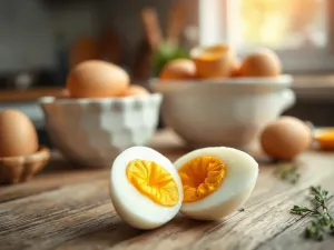 Szklanka świeżego mleka oraz drewniana miarka z mlekiem w proszku na jasnym blacie kuchennym.