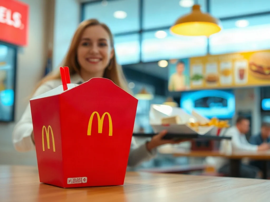 Kolorowe pudełko zestawu Happy Meal na drewnianym stole w nowoczesnej restauracji McDonald's.