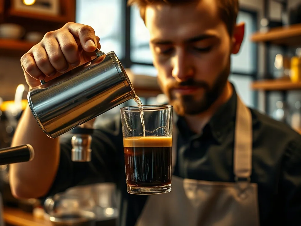 Barista wlewa gorącą wodę do filiżanki z espresso, przygotowując americano w nowoczesnej kawiarni.