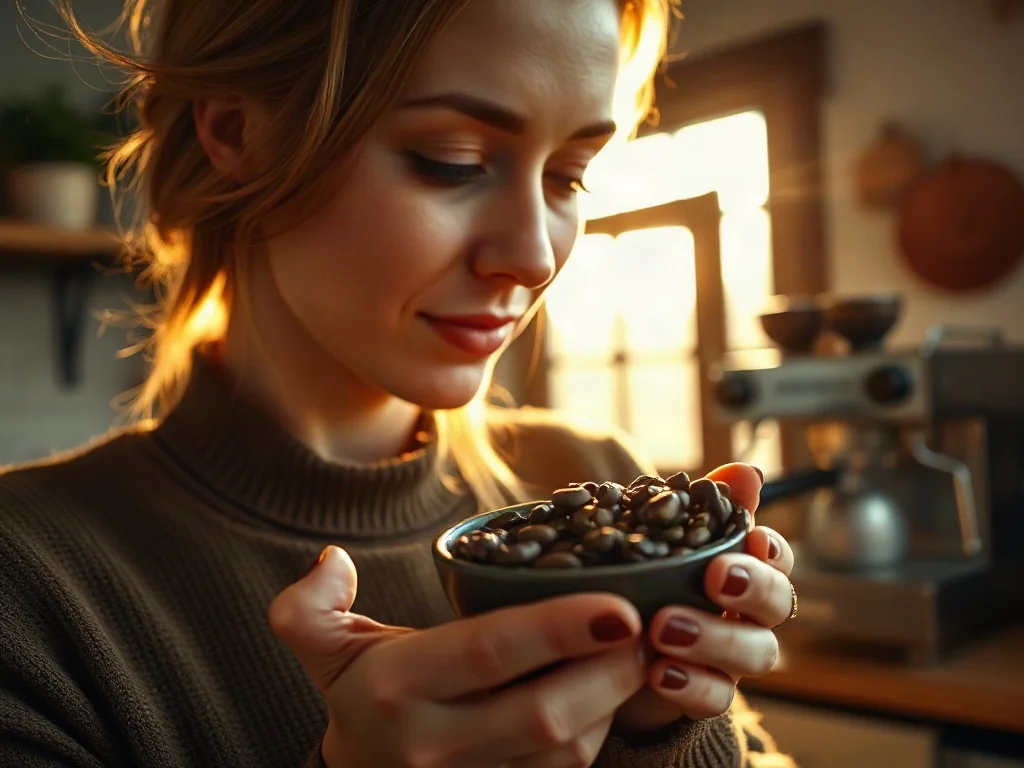 Kobieta delektująca się aromatem świeżo palonych ziaren kawy w przytulnej kuchni.