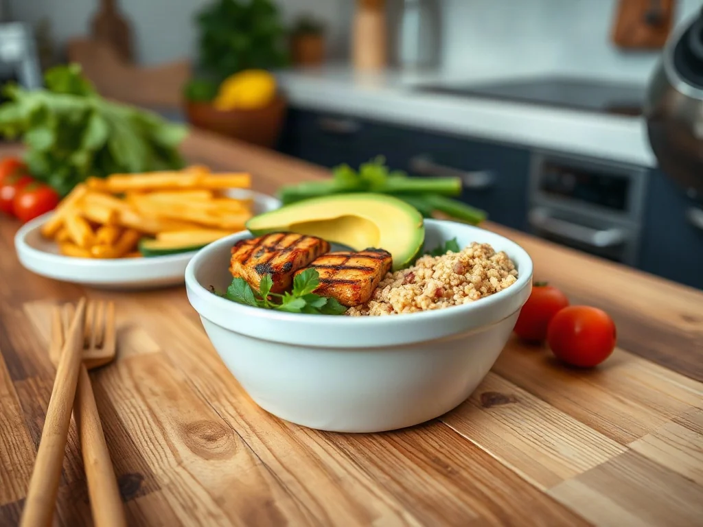 Zdrowy posiłek z grillowanym kurczakiem, awokado i komosą ryżową w białej misce, przygotowany zgodnie z zasadami diety 1600 kcal.